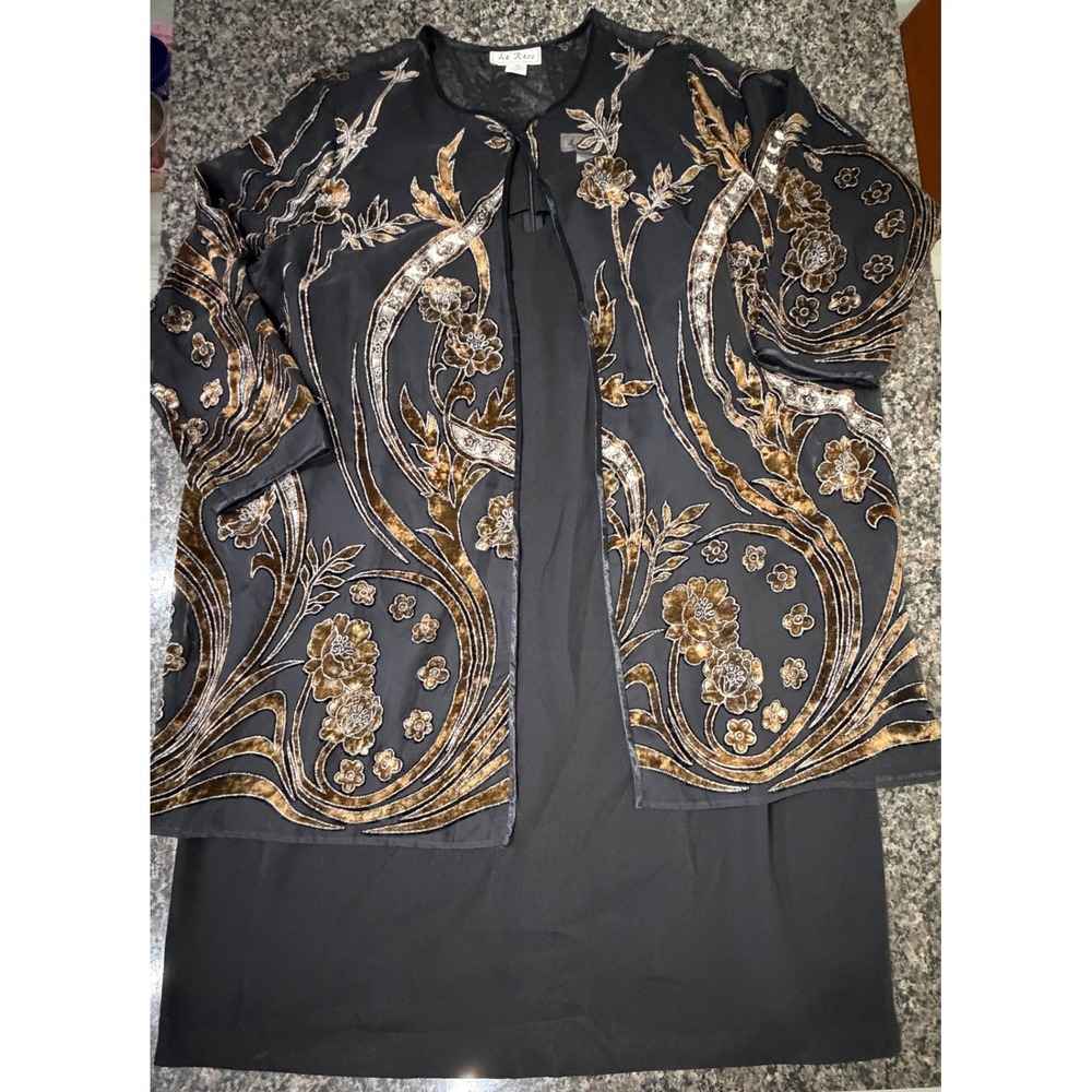 La Rose Womens 26W Dress Set Black Gold Velvet Burnout Sequin Jacket 2 Piece